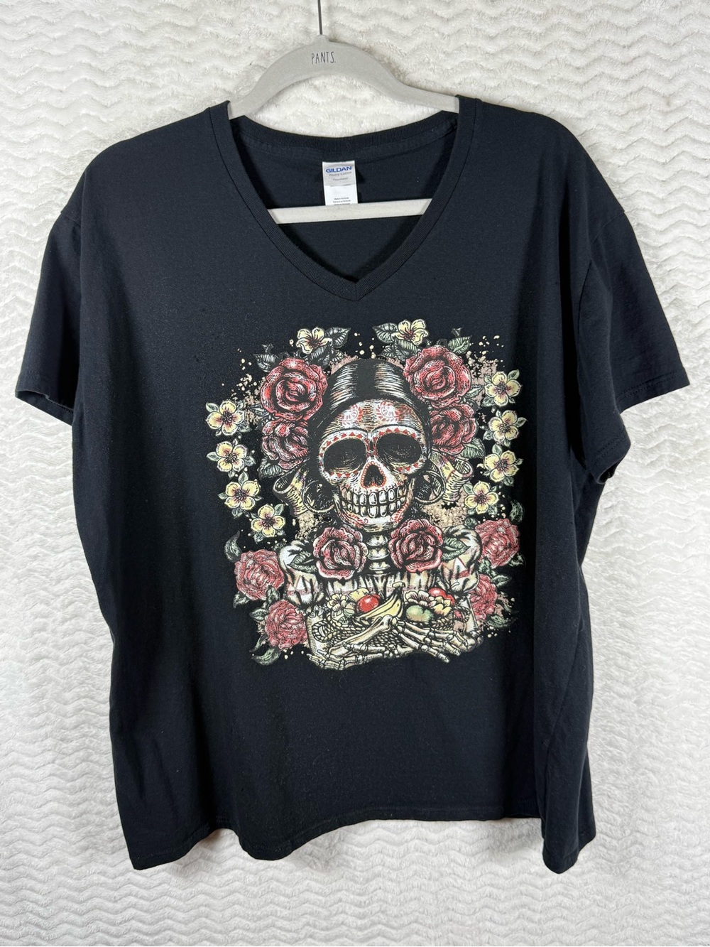 Black Day of the Dead Skull Floral V-Neck Tee
